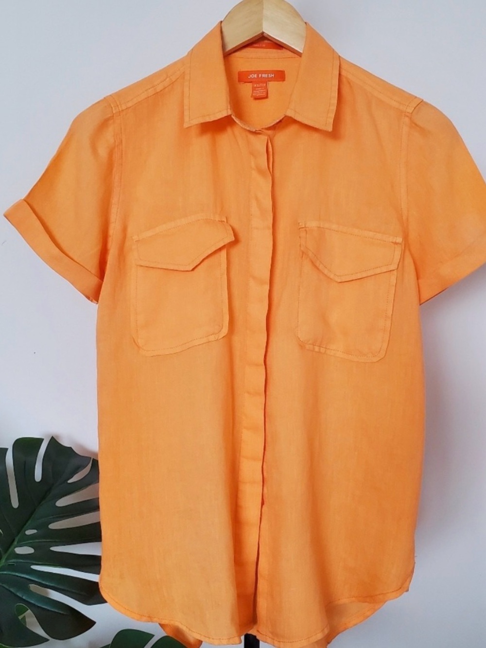 Joe Fresh Vibrant Orange Linen Short Sleeve Button-Down Shirt